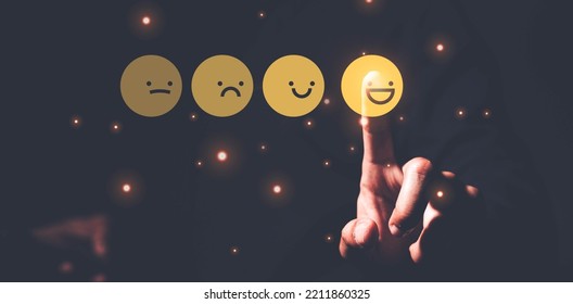 Man Choosing Happy Smiley Face Icon. Feedback Rating And Positive Customer Review Experience, Satisfaction Survey. Mental Health Assessment. World Mental Health Day Concept.