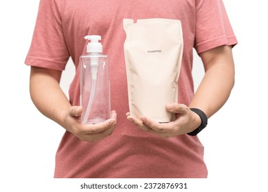 Man choosing shampoo plastic packaging for refill pouch isolated on white background. Zero waste. Reuse reduce recycle concept.