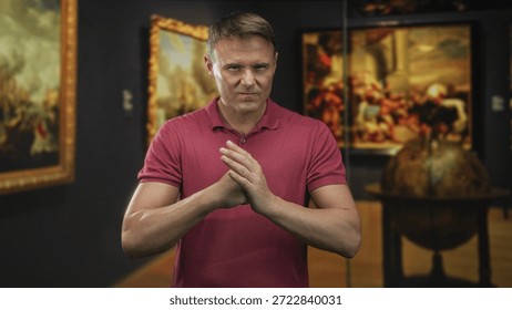 Man claps hands in front of framed paintings inside a museum building, hands mid motion and tense expression; determination.