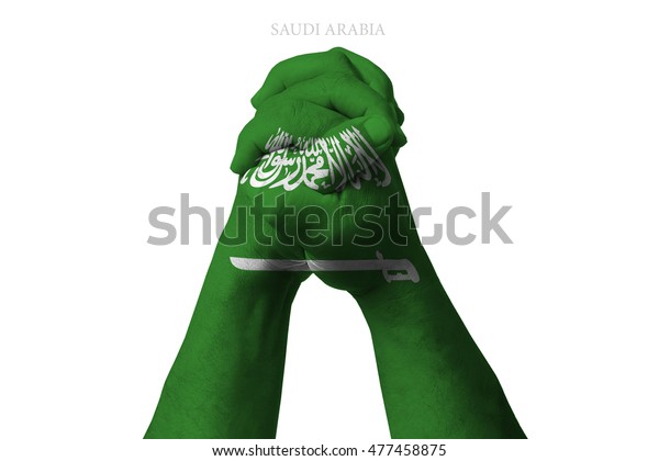サウジアラビア国旗の柄の手を握った男性 の写真素材 今すぐ編集