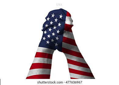 Man clasped hands patterned with the USA flag