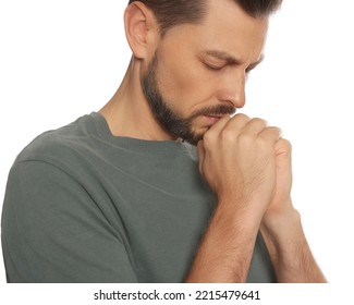 Man With Clasped Hands Praying On White Background, Closeup