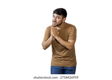 Man with clasped hands, scheming and plotting, rubbing palms together in anticipation on a white background