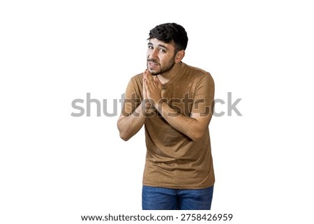 Man with clasped hands, scheming and plotting, rubbing palms together in anticipation on a white background