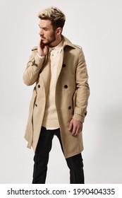 Man In Classic Suit Beige Coat Sweater Model