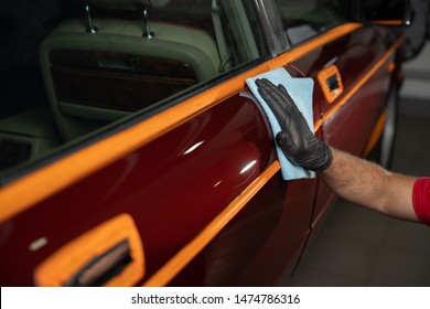 Man Cleaning Car With Microfiber Cloth,vintage Old Car Detailing Close Up