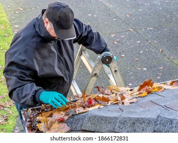 Man Cleaning Roof Gutter That Is Full Of Leaves And Debris 