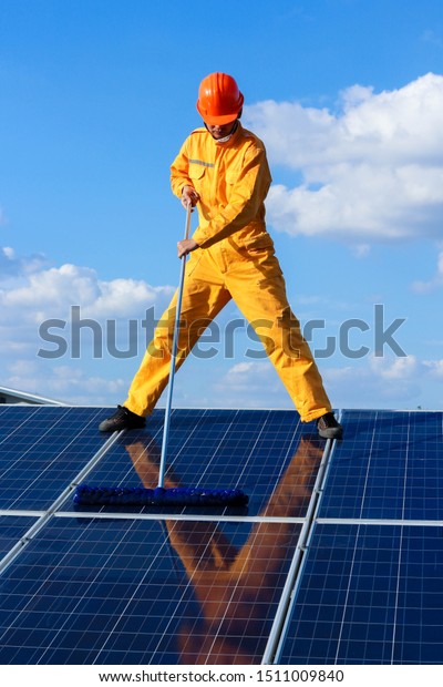 Man Cleaning Solar Panel Concept Working Stock Photo Edit