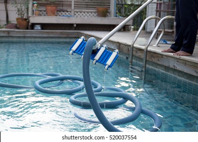 Man cleaning swimming pool with vacuum tube cleaner early in the morning