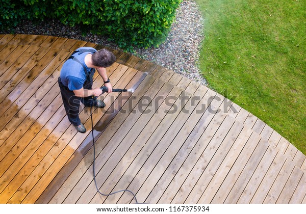 Man Cleaning Terrace Power Washer High Stock Photo (Edit Now) 1167375934