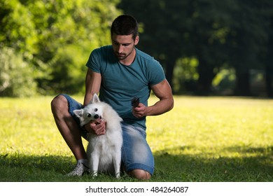 Man Cleans The Dog German Spitz In Park - He Is Going Crazy