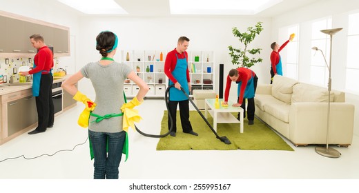 Man Cleans House In Different Places At The Same Time While Woman Supervise Progress