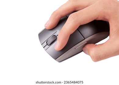Man clicking the left mouse button on a generic modern wireless PC mouse, object closeup, isolated on white background, cut out, detail. Left click concept, hand holding mouse gesture, one person - Shutterstock ID 2365484075