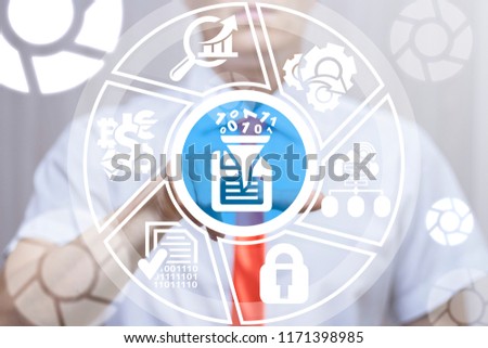 Man clicks a funnel with floppy diskette and cloud zero one numbers on a virtual panel. Digital data transfirmation and savings database. Information technology save digitalization concept.
