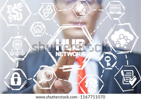 Man clicks a hub network text button on a virtual panel. Hub Network. Web digital networking technology. Spoke. Information modern cloud networking connection concept.