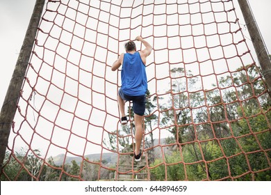 Man climbing a net during obstacle course in boot camp - Powered by Shutterstock