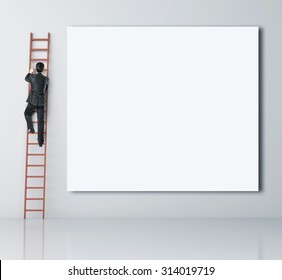 Man Climbing On Ladder And Blank Poster