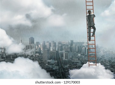 man climbing on ladder, urban business concept