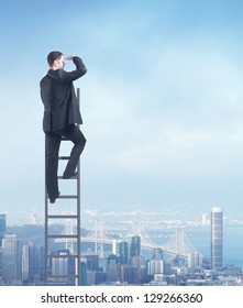 Man Climbing On Ladder, Urban Business Concept