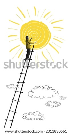 Man climbing upward the stair to the sun. Positive energy, happiness and mental stability. Contemporary art collage. Concept of inner world, feelings, mental health and psychology. Vertical layout