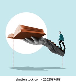 The man climbs the stairs to the open book. Art collage. - Shutterstock ID 2162097689