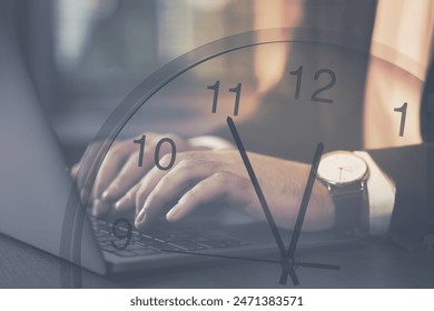 Man and clock, double exposure. Time concept