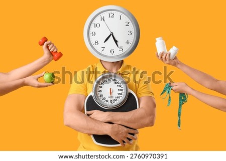 Man with clock instead of his head and hands holding different things on yellow background. Intermittent fasting concept