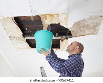  Man Collecting Water In Bucket From Ceiling. Ceiling panels damaged  huge hole in roof from rainwater leakage.Water damaged ceiling .  