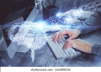 Man with computer background with brain theme hologram. Concept of brainstorm. Double exposure.