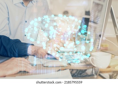 Man with computer background with brain theme hologram. Concept of brainstorm. Double exposure.