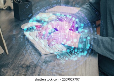 Man with computer background with brain theme hologram. Concept of brainstorm. Double exposure.