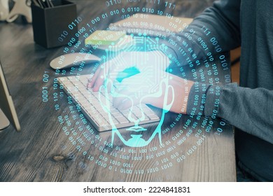 Man with computer background with brain theme hologram. Concept of brainstorm. Double exposure.