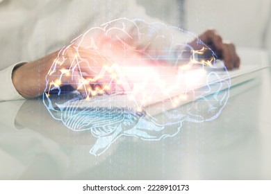Man with computer background with brain theme hologram. Concept of brainstorm. Double exposure.