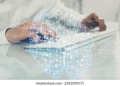 Man with computer background with brain theme hologram. Concept of brainstorm. Double exposure.