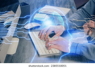 Man with computer background with brain theme hologram. Concept of brainstorm. Double exposure.