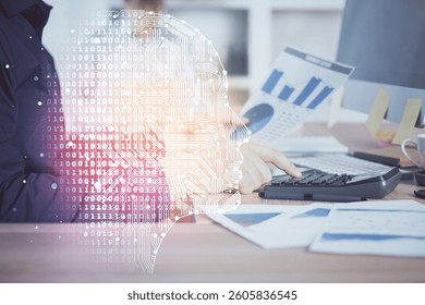 Man with computer background with brain theme hologram. Concept of brainstorm. Double exposure.