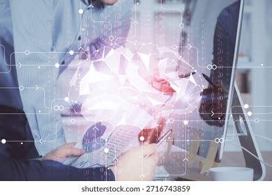 Man with computer background with brain theme hologram. Concept of brainstorm. Double exposure.