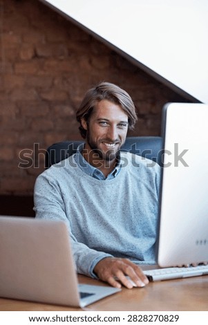 Man, computer and portrait for remote work in home, happy and programming with information technology. WFH, software development and male programmer with laptop, smile and cybersecurity with internet