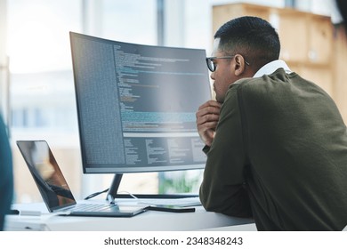 Man, computer screen and thinking of coding, programming or software development and online solution. Programmer or developer reading html script, website problem solving or cybersecurity on monitor