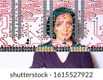 Man and computer technology. Man is enslaved by computers. Recognition of a person by biometric data. Woman in electronic circuit.