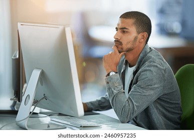 Man, computer and thinking for graphic design in office for software programming, thoughts or project planning. Male person, desktop and it decision with media research for networking, skill or ideas