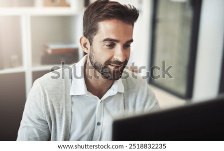 Man, computer and thinking on budget in office, accountant and online for investment revenue. Male person, financial advisor and plan for company income in workplace, brainstorming and solution