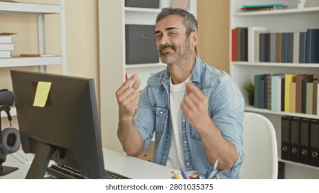 Man at computer using hands and fingers to gesture thumbs up and type at desk in building office with bookshelves and binders visible; confidence approval.