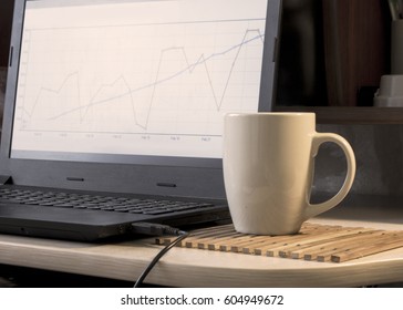 the man at the computer watching charts and drinking coffee