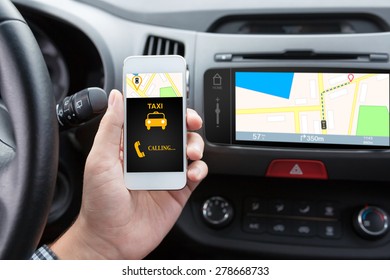 man connecting phone with app taxi in the car and navigation map