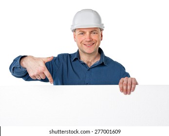 A Man In A Construction Helmet Holding A White Plastic Foam And Points A Finger At Him