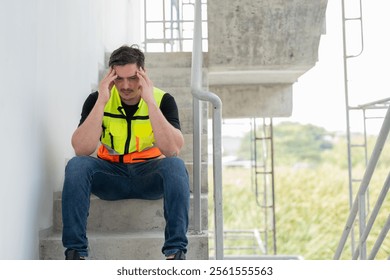 Man construction worker or Engineer in yellow safety vest sits on concrete stairs, holding his head in frustration or stress.