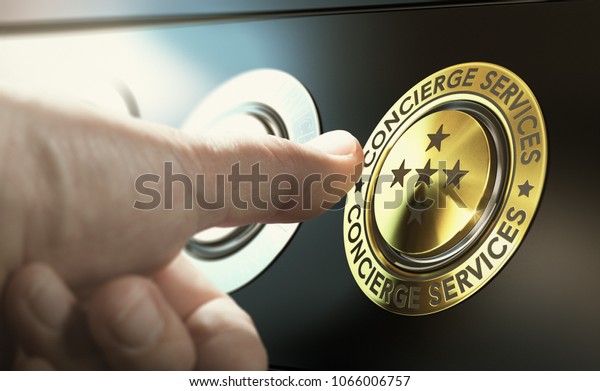 Man\
contacting concierge service by pushing a golden button. Composite\
image between a hand photography and a 3D\
background.