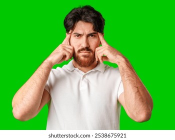 A man contemplates thoughtfully against a bright green background - Powered by Shutterstock