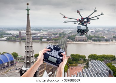 Man controls the flying drones